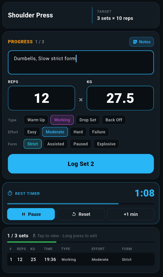 SetHarbour workout logging screen